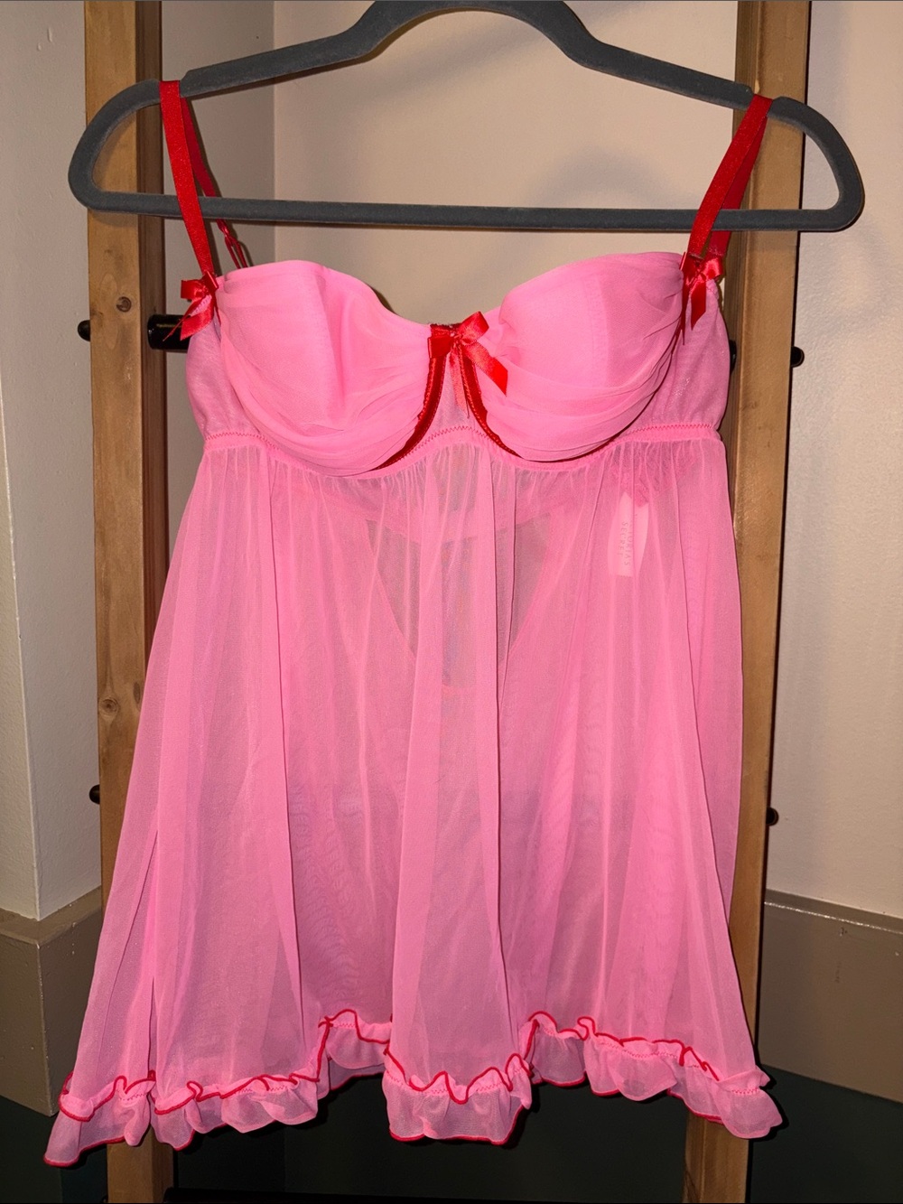 Victoria’s Secret Pink Sheer Babydoll Chemise with Red Trim - Women Intimates